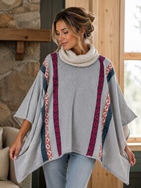 Indigenous Handmade Peru Alpaca Women’s Turtleneck Poncho One size Grey M4